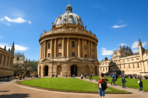 A midday photograph of the iconic Radcliffe Camera at the University of Oxford. The honey-hued limestone exterior stands out against a bright blue sky, with Gothic architecture surrounding the building. Students can be seen strolling through the lush courtyard, all captured in sharp, natural light that enhances the details of the architecture and greenery.
