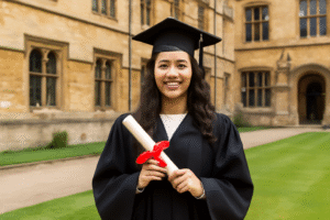  A joyful young graduate with light brown skin and long, wavy hair, dressed in black academic regalia, holding a diploma tied with a red satin ribbon. The backdrop features a majestic Gothic university building with a honey-colored stone exterior, lush green lawn, and a gravel path, creating a timeless and celebratory atmosphere.