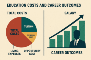 Infographic showing UK management course costs breakdown including tuition fees living expenses and post-graduation salary potential ROI analysis