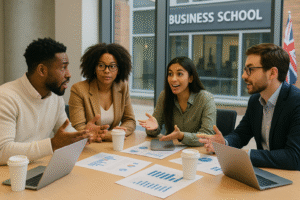 Diverse business students collaborating around conference table with laptops and financial reports in modern UK business school classroom