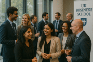 International alumni networking event with diverse professionals discussing career opportunities at UK business school gathering