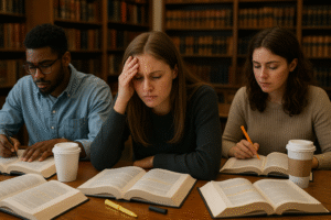 A candid shot of law students studying in a university library, surrounded by stacks of open textbooks, case law printouts, highlighters, and coffee cups. One student looks slightly overwhelmed, running a hand through their hair, capturing the intensity of legal studies