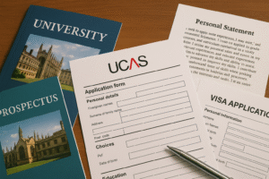 A cluttered desk filled with university application materials – completed UCAS forms, university prospectuses, printed drafts of a personal statement, and visa documentation. A laptop and a pen rest nearby, symbolizing the preparation and paperwork involved in applying to UK universities
