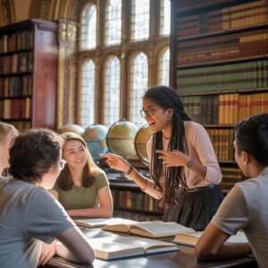 A diverse group of international university students engaged in a seminar or tutorial discussion in a UK classroom. They are seated around a table, actively listening and sharing ideas, with notebooks, laptops, and a whiteboard visible in the background