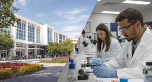 Modern UK nursing school campus and laboratory facilities showing students in practical training for nursing courses UK programs