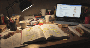 UK nursing student study desk setup with medical textbooks, laptop, stethoscope and study materials for nursing courses UK applications