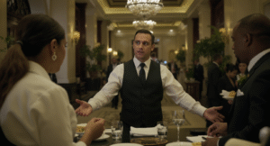A candid shot of a hotel manager coordinating with staff during a busy evening in a high-end London hotel lobby, showing the dynamic nature of hospitality leadership. 