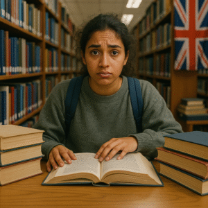 International student studying in UK university library surrounded by academic books looking overwhelmed but determined during pre-masters transition
