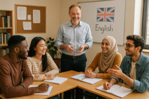Diverse group of international students in interactive UK pre-masters classroom with British instructor facilitating collaborative learning session