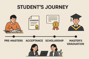 Visual timeline showing student journey from pre-masters application to UK master's degree graduation with key academic milestones highlighted