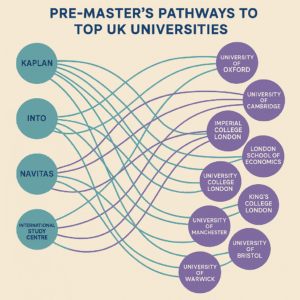 Network diagram showing connections between pre-masters providers and top UK universities including UCL Imperial LSE and University of Manchester