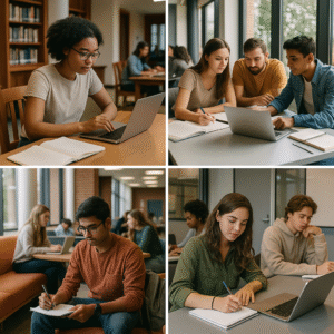 DMU Leicester students studying in modern library spaces and collaborative learning areas during active study sessions on campus