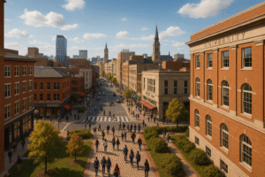 View from DMU Leicester campus showing integration with Leicester city center including local businesses and cultural venues