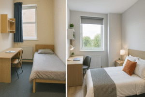 DMU Leicester student accommodation options comparison showing interior views of on-campus halls and private housing near campus
