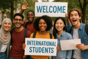 Diverse group of international students participating in DMU Leicester welcome orientation activities and multicultural events