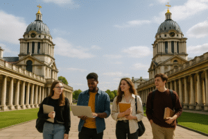 International students walking through Greenwich University London's historic Old Royal Naval College campus with modern laptops and books, showcasing the blend of 17th-century Christopher Wren architecture with contemporary university life
