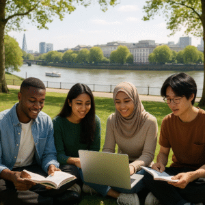 iverse group of Greenwich University London students studying outdoors on campus grounds with River Thames in background, demonstrating the scenic study environment and international student community