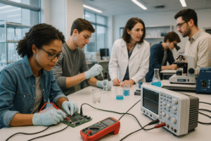 Greenwich University London students conducting hands-on research in modern engineering laboratory with state-of-the-art equipment, highlighting practical learning approach and industry-standard facilities