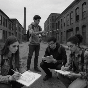 Architecture students conducting fieldwork research in post-industrial cityscape, measuring and sketching existing buildings for urban design projects