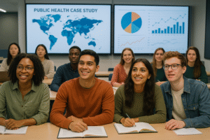 Diverse international students engaged in MPH UK classroom discussion with public health data visualizations on screens