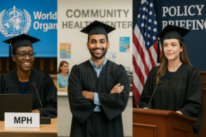 MPH UK graduates working in WHO meeting, community health center, and policy briefing room showing career diversity
