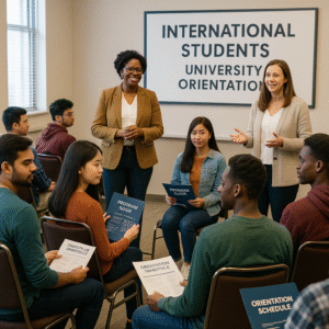 International students at MPH UK university orientation session with academic advisors and program materials
