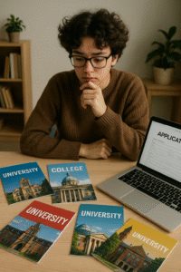 Prospective student reviewing MPH in UK university brochures and applications on laptop making program decision