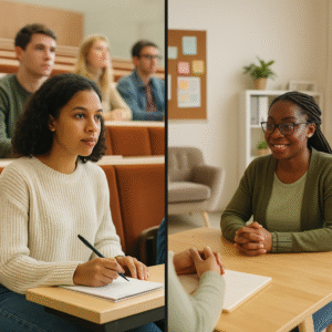 Split-screen comparison showing social work student in university lecture hall and same student working in real community placement setting, illustrating UK masters in social work theory-practice integration