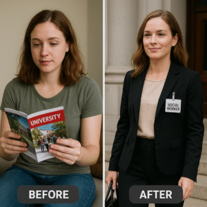 Before and after transformation showing prospective student reviewing university materials evolving into confident professional social worker entering courthouse, representing masters in social work UK journey