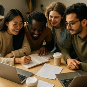 International social work students from diverse backgrounds collaborating on project with laptops and notes, demonstrating supportive learning environment in UK masters in social work program