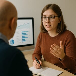 Social work student analyzing data on computer screen while consulting with service user, showing modern evidence-based practice approach in UK social work education