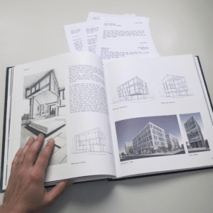  Open architecture student portfolio displaying process sketches, technical drawings and model photos with university acceptance letters in background