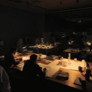 Architecture students working late at university drafting tables with models, drawings and coffee cups under dramatic desk lamp lighting