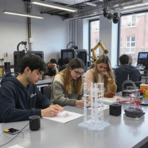 Architecture students using 3D printers and robotic equipment in modern university lab combining traditional craftsmanship with emerging technology