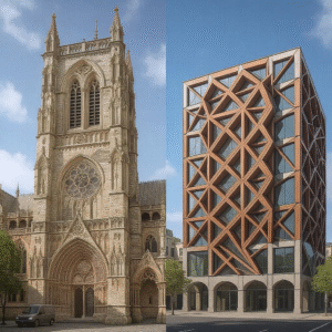 Split image showing Gothic cathedral architecture beside modern parametric building design on computer screen demonstrating UK architecture education blend