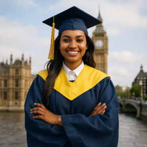 Confident international student in graduation attire celebrating successful completion of UK pre-masters and master's programs with Big Ben background