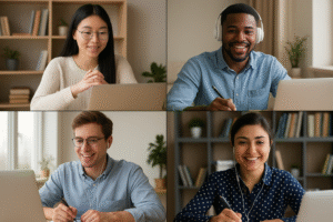Diverse students from different continents participating in an online UK university seminar via video call, showing global connectivity of online education