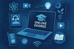 Modern online learning tools including VR headsets, tablets, interactive whiteboards and digital platforms arranged artistically to showcase educational technology