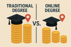 Infographic comparing traditional vs online UK degree costs with stacked coins, graduation caps, and world map showing international savings