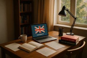 Well-organized home study space with UK university materials, laptop, books, and British academic credentials displayed on wooden desk