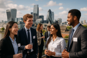 International business students networking at London financial district event with modern skyscrapers and banking headquarters in background