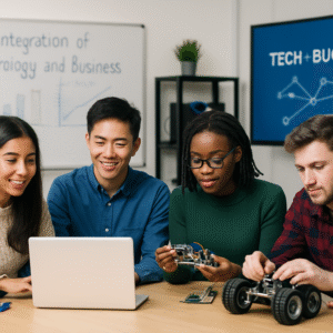 Diverse group of Masters in Management students collaborating on technology-business integration project in Imperial College London classroom