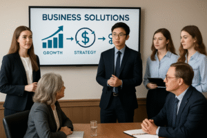 Warwick Business School MiM students presenting strategic business solutions to corporate executives in professional meeting room