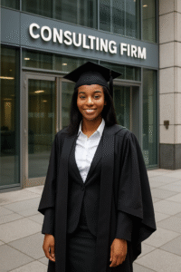 Recent UK Masters in Management graduate in business attire standing outside major consulting firm office in London financial district