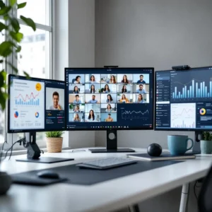 Modern home office setup with multiple screens displaying online MBA learning platforms and international video calls