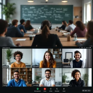 Split screen showing traditional MBA classroom versus diverse international students in virtual online MBA seminar session