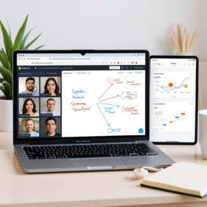 Screenshot montage of online MBA students collaborating through video calls, presentations and digital whiteboards