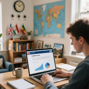 Professional studying 1 year top up degree online at home office with UK university materials and world map background