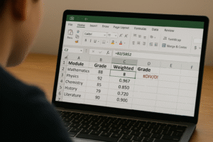 Over-the-shoulder view of a laptop screen showing a student’s grade spreadsheet with modules, percentages, and weighted averages—one cell contains a formula error, making the scene relatable