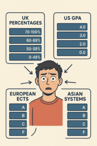 Illustrated infographic showing multiple grading systems—UK percentages, US GPA, European ECTS, and Asian scales—all pointing toward a confused student in the middle, symbolizing challenges faced by international students